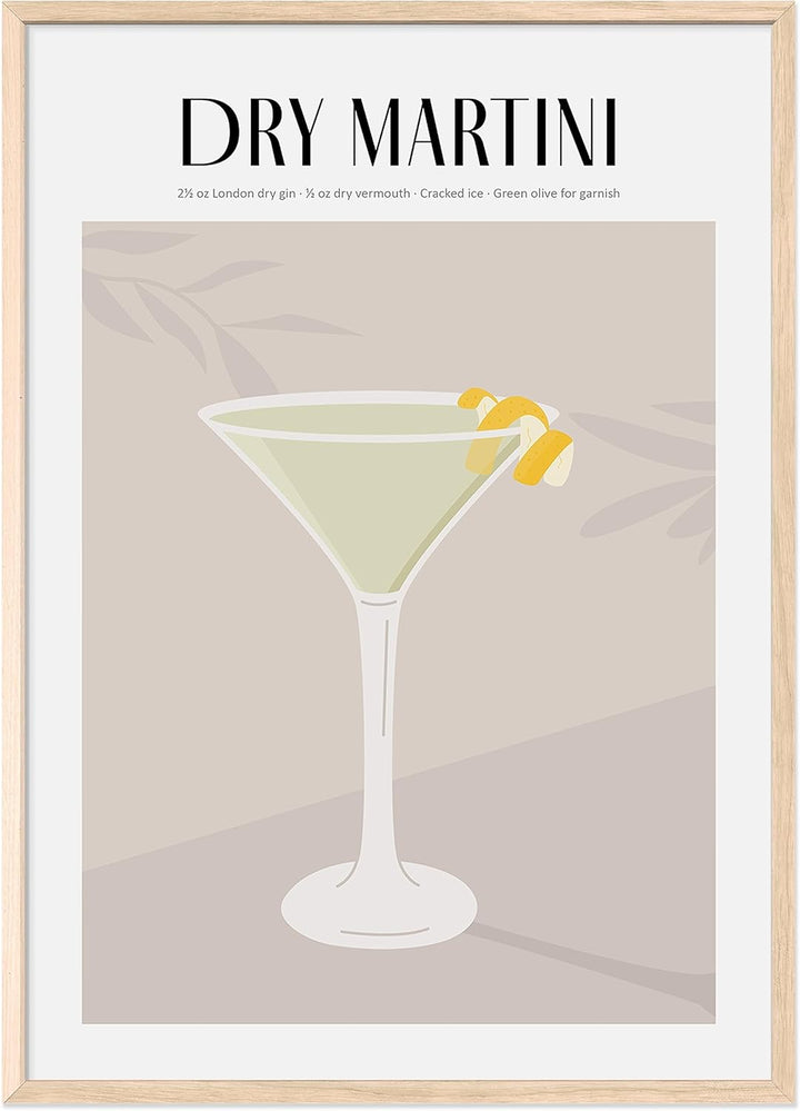 JUNOMI® Dry Martini Poster DIN A2, Cocktail, Longdrink, Bar, Getränke, Cocktail Set | Mit Rahmen Nat