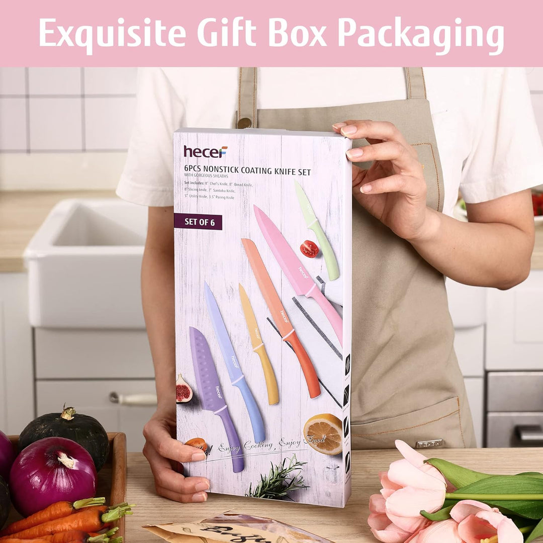 hecef 6 Teilig Messer Set, Küchenmesser Set Bunte Non-Stick, Scharfe Messerset Edelstahl, Profi Koch