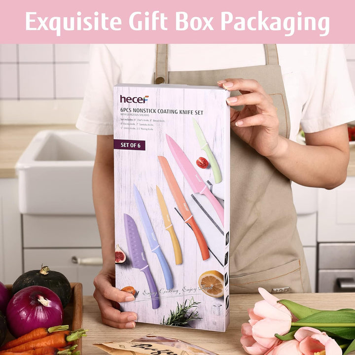 hecef 6 Teilig Messer Set, Küchenmesser Set Bunte Non-Stick, Scharfe Messerset Edelstahl, Profi Koch