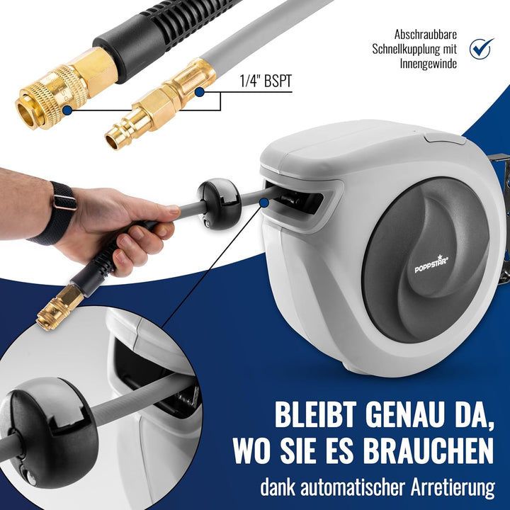 Poppstar Druckluftschlauchtrommel (15m+1,1m, Durchmesser 3/8" (9,2x14mm)) Schnellkupplung 1/4" BSPT,