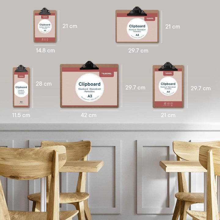 Europel Klemmbrett aus Holz, A3, Querformat, 12 Stück, FSC-zertifiziert, MDF, mit schwarzem Metallcl