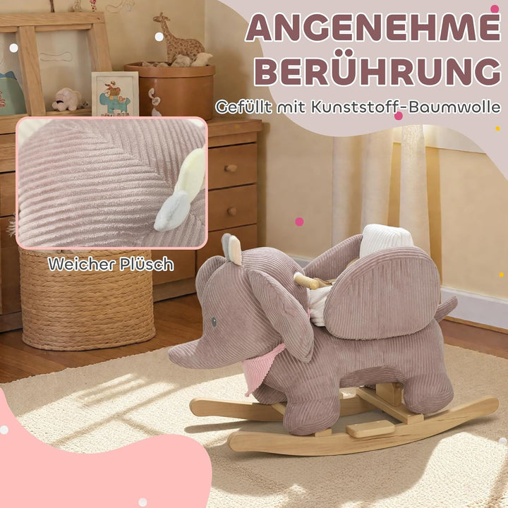 AIYAPLAY Schaukeltier, Elefant-Schaukel, interaktive Tiergeräusche, weiche Füllung, Holzrahmen, Sich