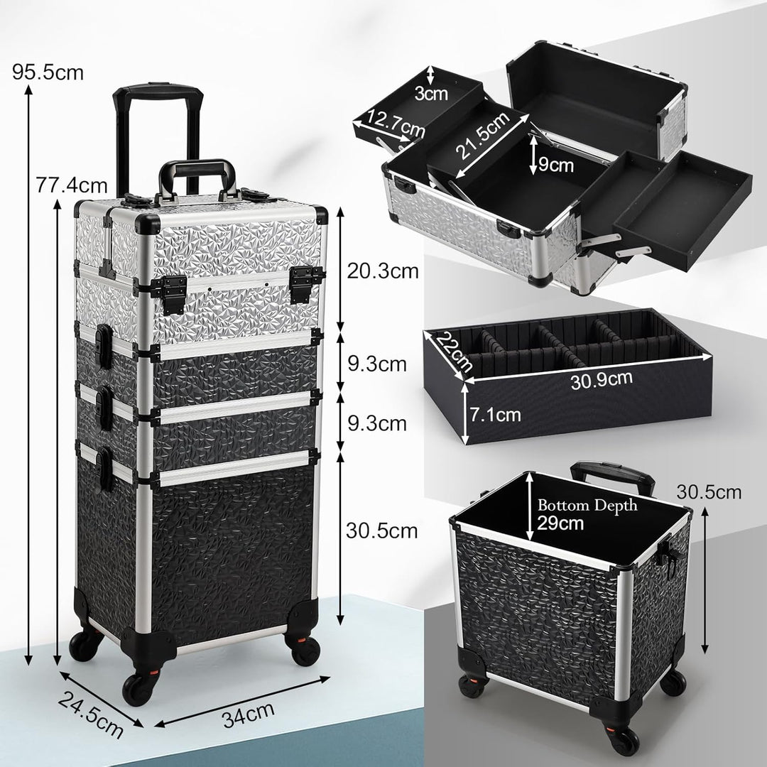 Kosmetik Trolley 4 in 1 Kosmetikkoffer Trolley Make up Koffer Gross Friseurkoffer mit Rollen Schmink