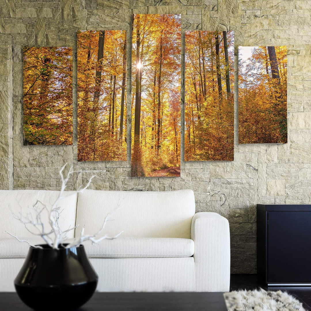 Feeby Bilder Modern Landschaft 5 Teilig Design Art Bäume Blätter Natur orange 100x70 cm Deco panel 1