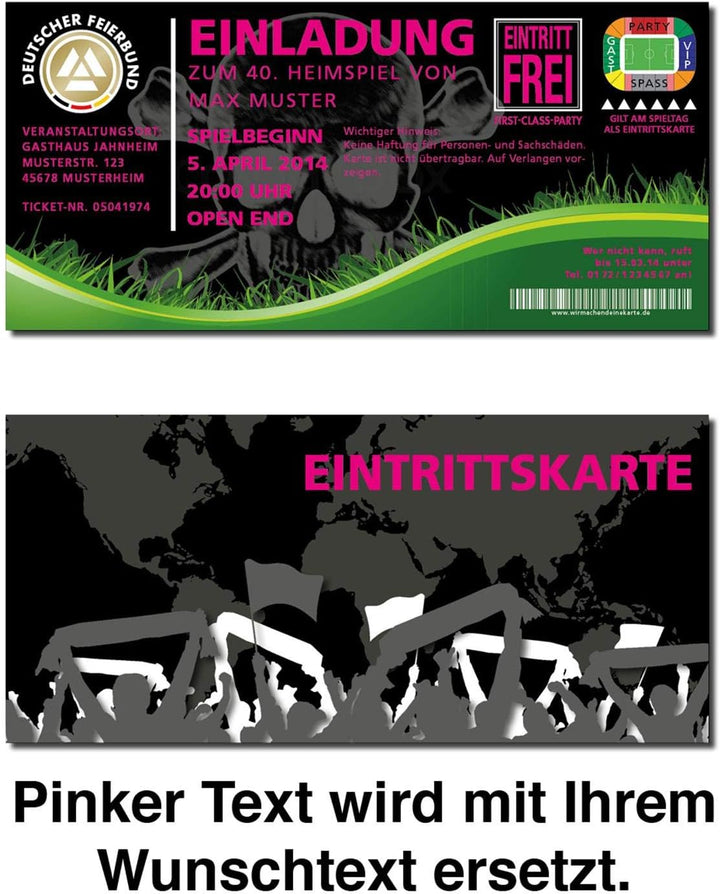 Einladung Einladungskarte Geburtstag Fussball-Stadionticket schwarz individuell 20, 20