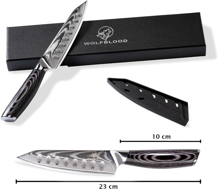 Wolfblood PRO Damastmesser Damast Küchenmesser L(23cm) Profi Santokumesser aus echtem 67 Lagen Damas