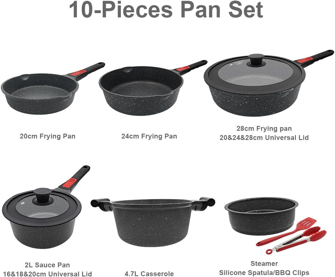 Topf und Pfannenset 10-Teilig, Pfanne mit Deckel 20cm, 24cm, 28cm, Stielkasserolle 18cm+ Dampfer, To
