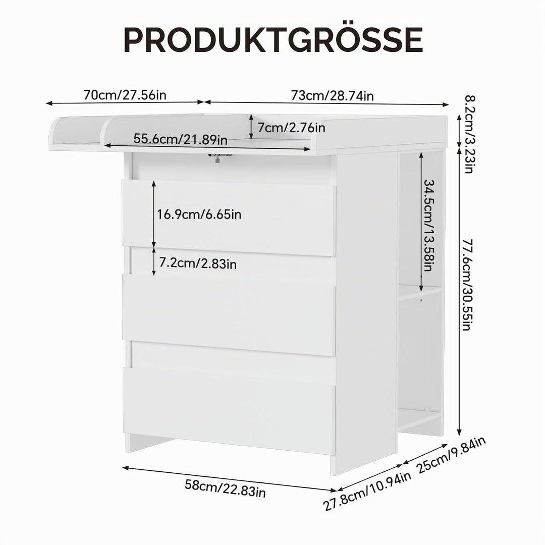 2-in-1 Wickelkommode mit abnehmbarem Wickelaufsatz, Baby Wickeltisch&amp;Kommode mit 3 Schubladen und 6