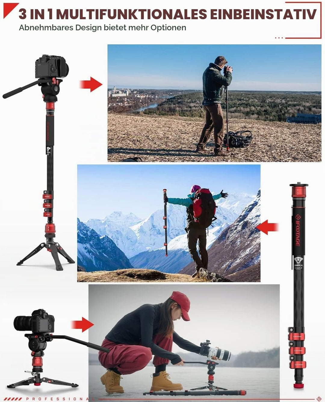 IFOOTAGE Cobra 3 Einbeinstativ Kamera C180F-P, automatische 1/4"- und 3/8"-Schraube, Kohlefaser, mit