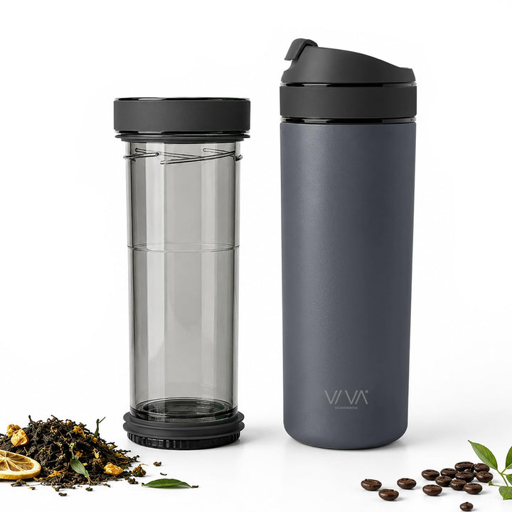 VIVA Recharge Thermobecher to go, Edelstahl, Tee-Sieb, 0,46 l, Grau | Doppelwandig isolierter Edelst