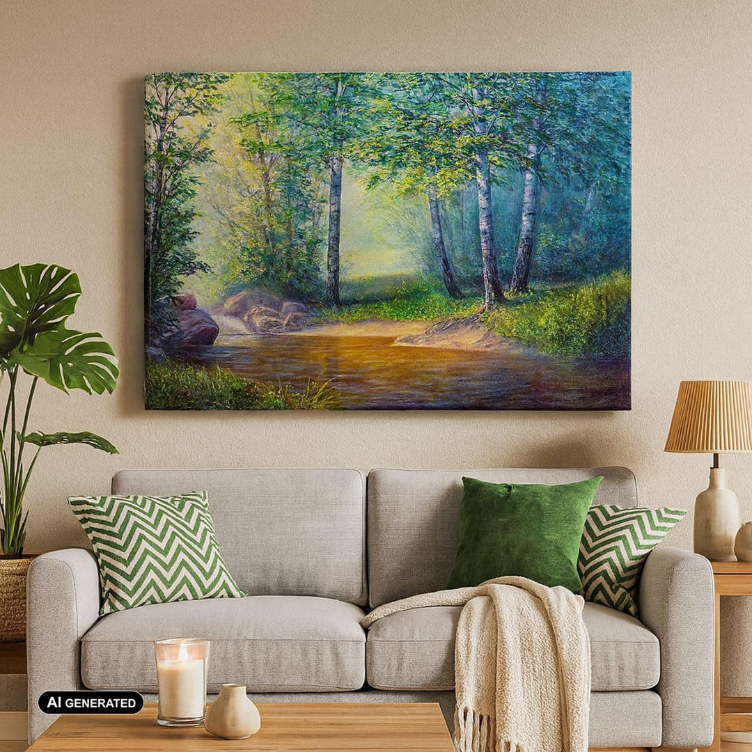 Bilder auf Leinwand 100x70cm Leinwandbild mit Rahmen Wiese Wasser Baum Gross Wanddeko Bild Schlafzim
