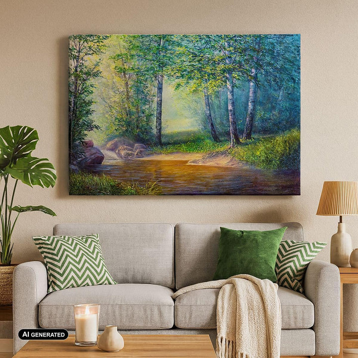 Bilder auf Leinwand 100x70cm Leinwandbild mit Rahmen Wiese Wasser Baum Gross Wanddeko Bild Schlafzim