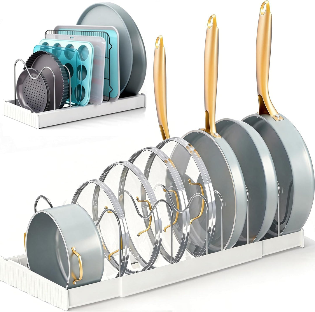 Expandable Pan Organizer for Cabinet, Pots lid and Pans Holder Rack with 7 Adjustable Dividers,Compa