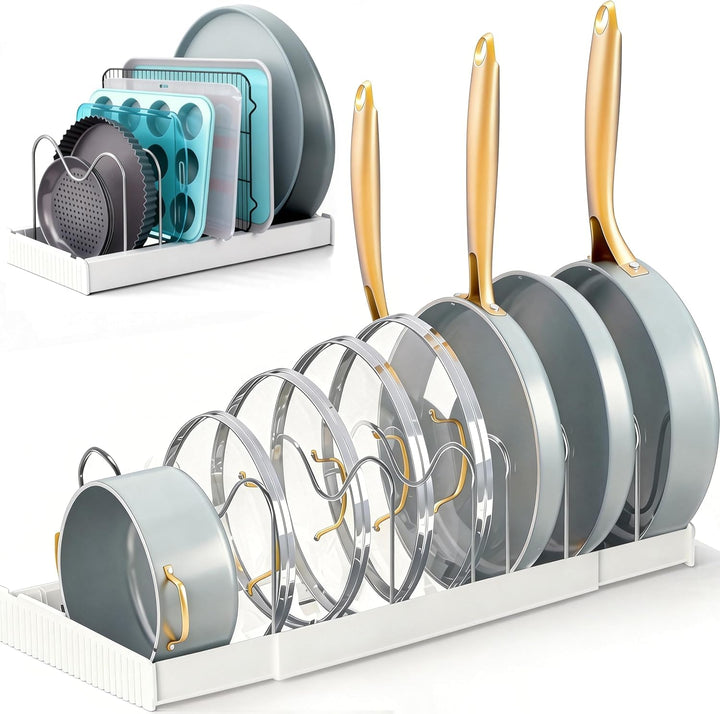 Expandable Pan Organizer for Cabinet, Pots lid and Pans Holder Rack with 7 Adjustable Dividers,Compa