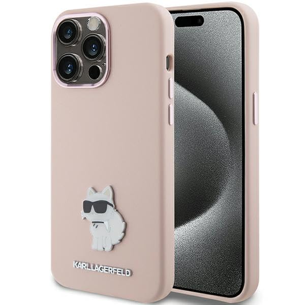 Karl Lagerfeld KLHCP15XSMHCNPP Hülle für iPhone 15 Pro Max 6.7" Rosa Silicone Choupette Metal Pin
