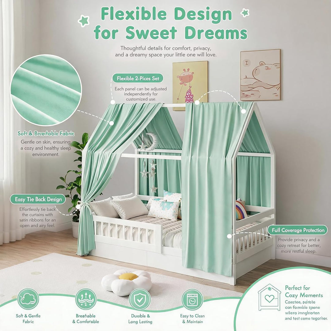 Hausbett Himmel Set, 2 Stück Betthimmel Hausbett, Leichter Atmbar Baumwoll Himmelbett Vorhängemit, M