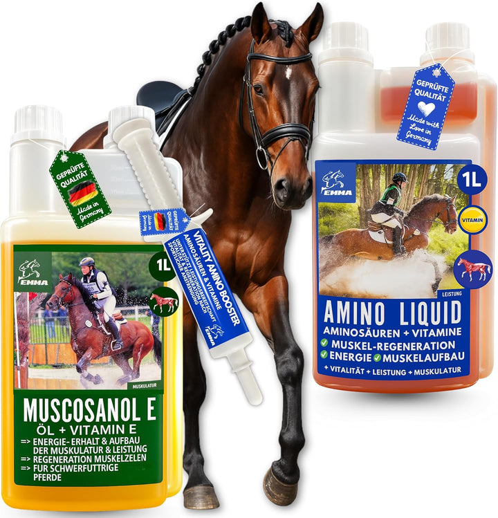 EMMA Reiskeimöl für Pferde + Aminosäuren Pferd I 2 * 1 L 30ml Liquid + Paste Amino Muskel Plus Vitam
