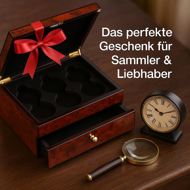 SELVA Taschenuhr-Schatulle für 6 Uhren, Gehäuse in hochglänzender Ulmenholz-Optik, Schublade mit Mag