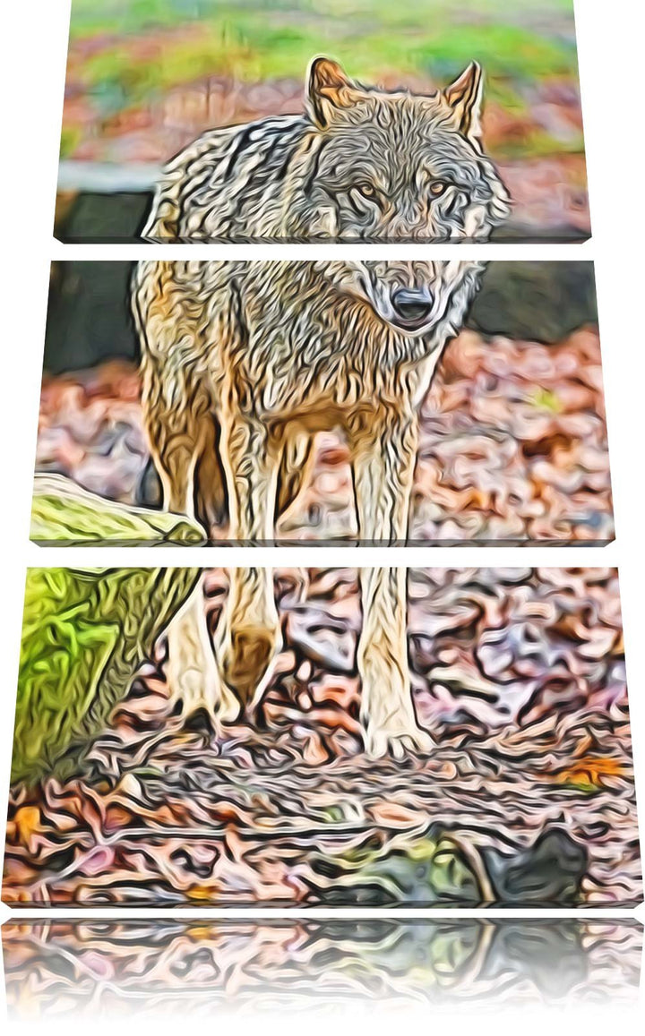 Wolf im Laubwald Spezial 3-Teiler Leinwandbild 120x80 Bild auf Leinwand, XXL riesige Bilder fertig g