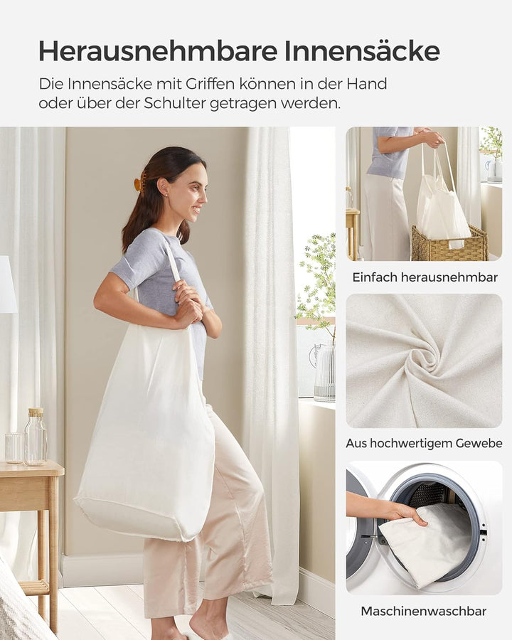 SONGMICS Wäschekorb mit Deckel, Wäschesammler 90 Liter, 2 Fächer, herausnehmbarer Wäschesack mit Gri