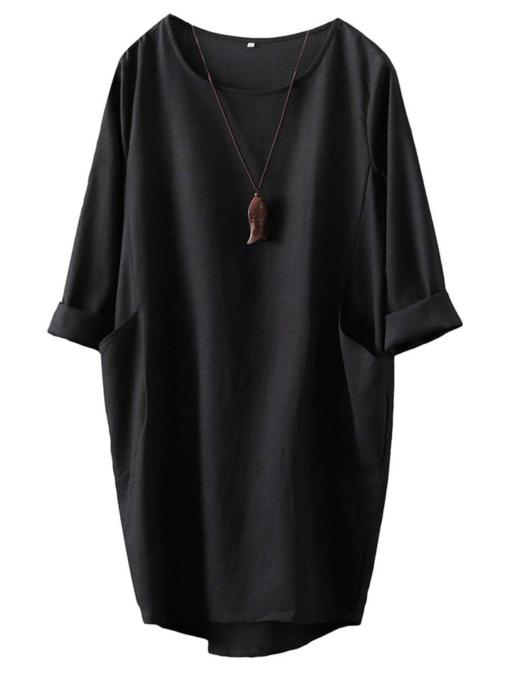 FTCayanz Damen T-Shirt Tunika Kleid Langes Leinenkleider Elegant Langarm Blusenkleid Mini Kleider M