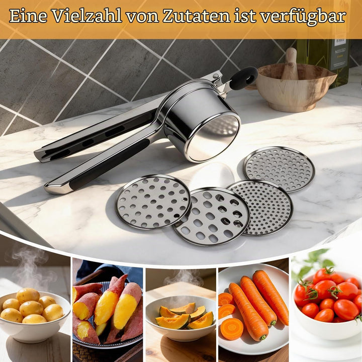 Edelstahl Kartoffelpresse mit 4 auswechselbaren Sieben | Spätzlepresse für Kartoffelbrei, Gemüse | S