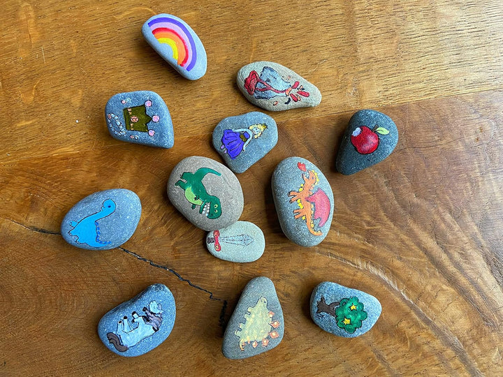 Erzählsteine, Geschichtensteine, Story Stones nach Montessori, Geschichtensäckchen (8) handbemalt, 8