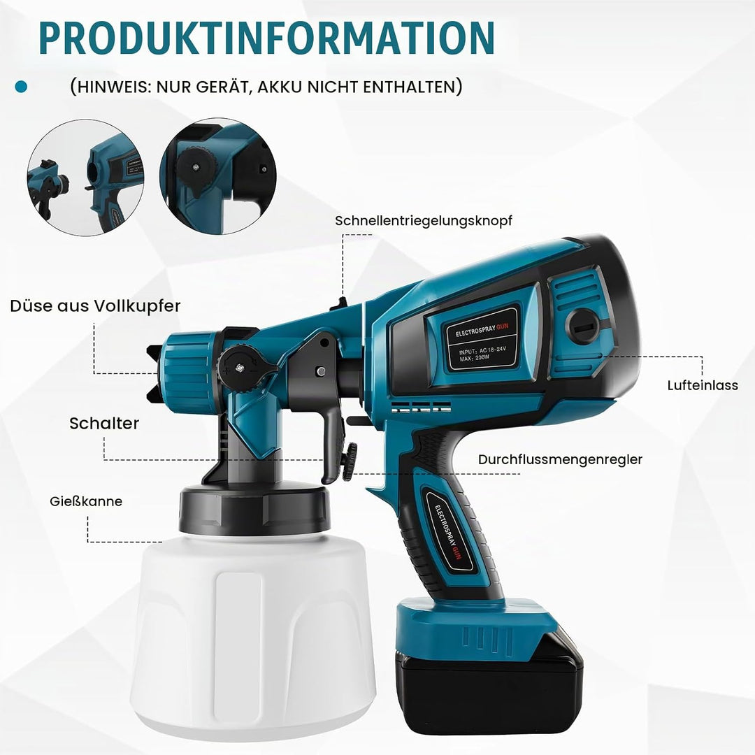 Akku Farbspritzgerät kompatibel mit Makita 18V Akku, Akku farbsprühsystem mit 1000ml Farbbehälter, 5