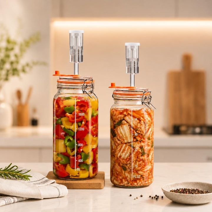 Fermentierglas 2 L – Quadratisches Glas-Fermentierset mit Gewicht für Sauerkraut, Hot Sauce, Met, Ci