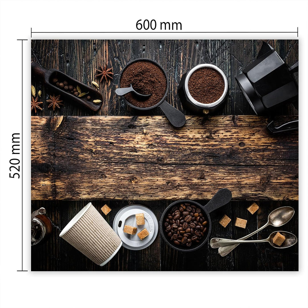 SmartDecoration Herdabdeckplatte Ceranfeldabdeckung aus Glas 60x52 cm Einteilig Motiv "Kaffee" Holzf