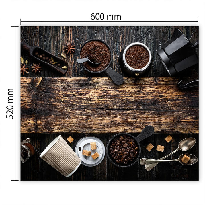 SmartDecoration Herdabdeckplatte Ceranfeldabdeckung aus Glas 60x52 cm Einteilig Motiv "Kaffee" Holzf