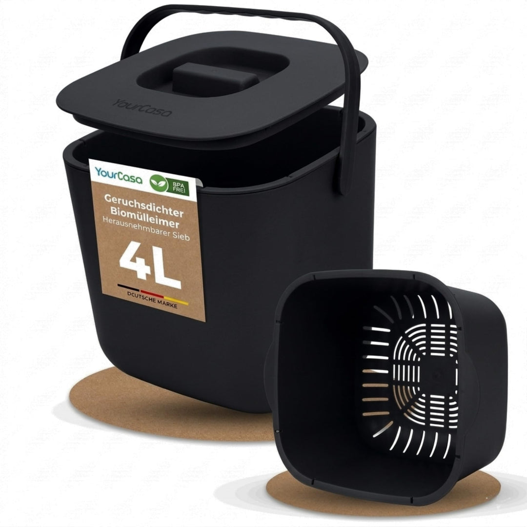 YourCasa Biomülleimer Küche 4L - Komposteimer mit herausnehmbarem Sieb & Deckel - geruchsdicht, spül