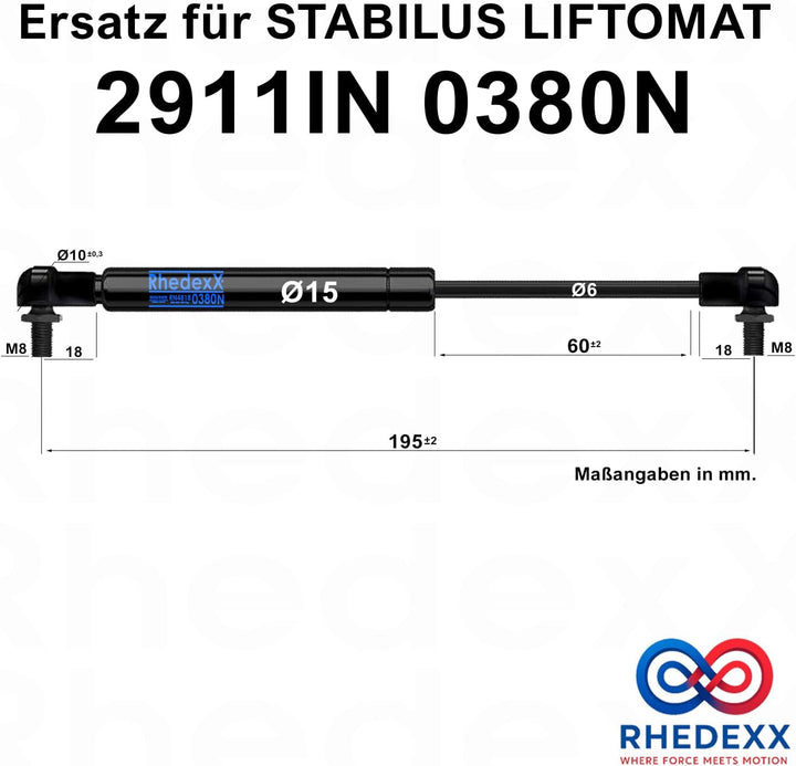 Ersatz für Stabilus Liftomat 2911IN 0380N RhedexX® Gasdruckfeder Gasdruckdämpfer Winkelgelenk mit M6