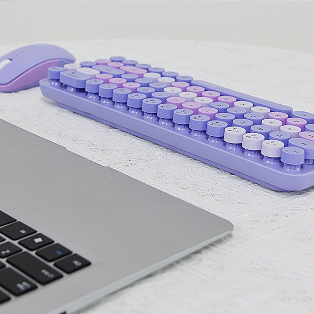 Sarini Kabellose kompakte Tastatur-Maus-Kombination, 2,4 GHz, Retro, rund, 68 Tasten, Pastellviolett