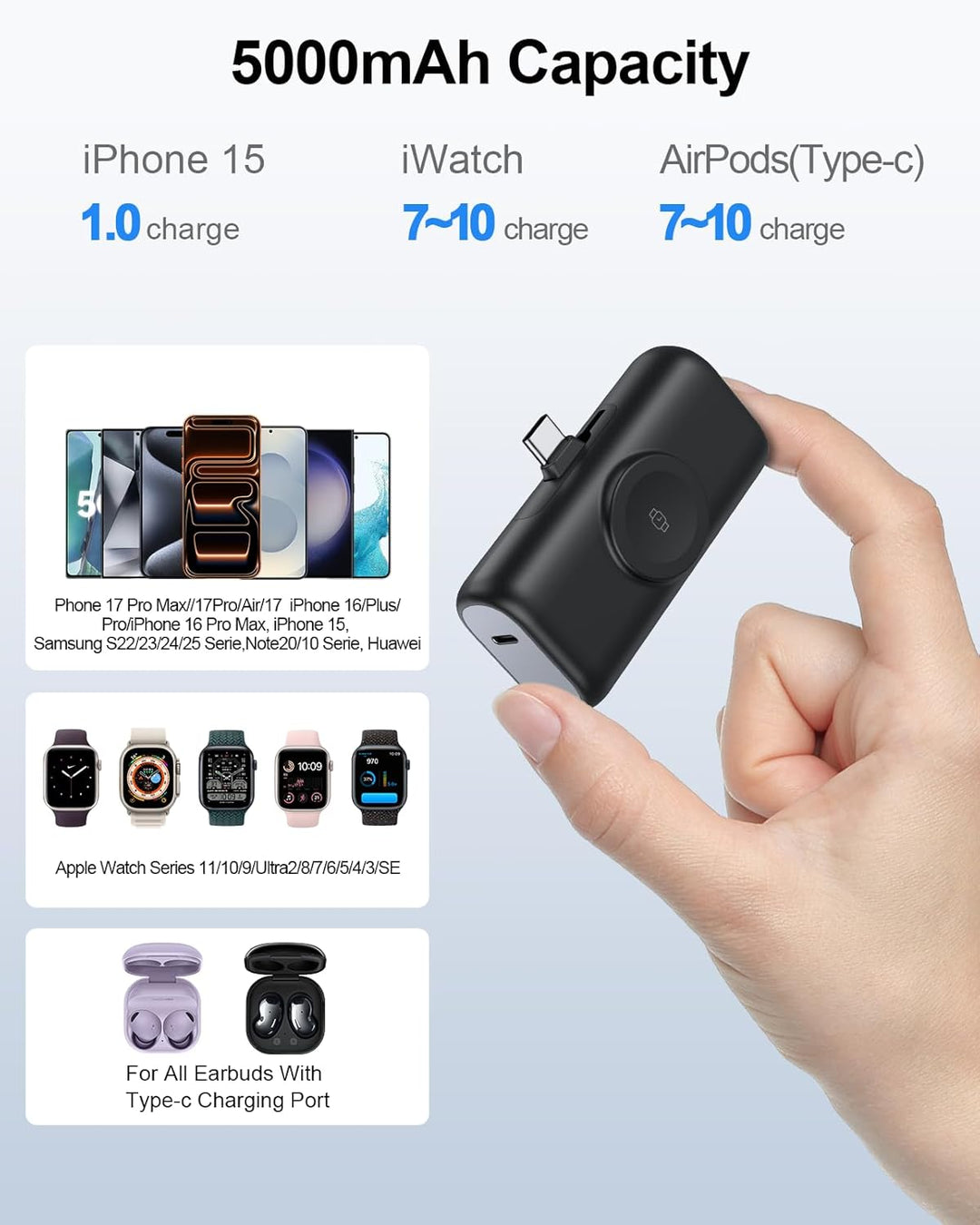 3 in 1 Mini Powerbank USB C für iPhone,5000mAh Klein Power Bank für iWatch,Kompatibel mit iPhone 17