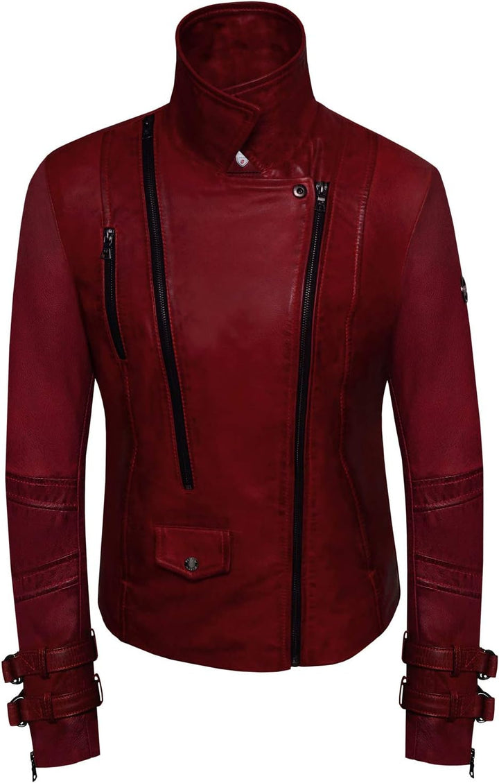 Poula Damen Lederjacke - Modernen Biker-Look - Echt Leder Jacke Rot Tailliert mit Reverskragen aus f