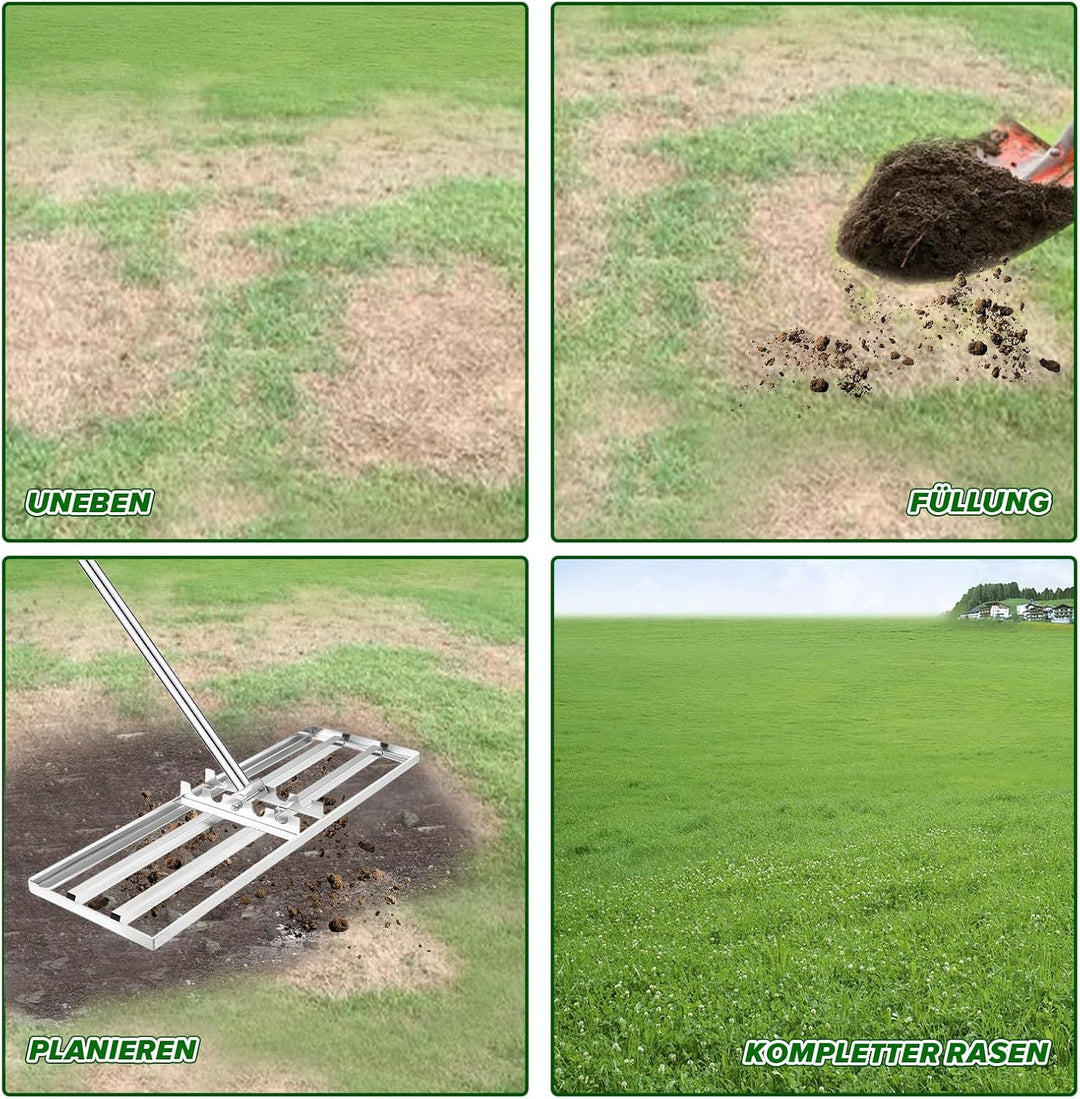 Rasen Nivellierrechen, 75x25 cm Edelstahl Garten Rasenrakel, Rasenrechen mit 180 cm Verlängertem Gri