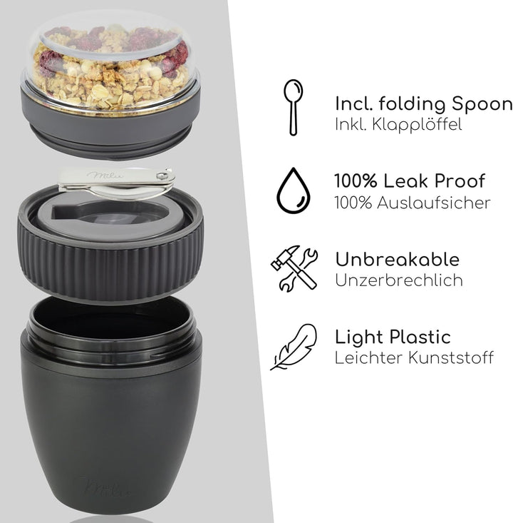 Milu Müslibecher to go 400ml MüsliMax Plastik Joghurtbecher für Müsli I auslaufsicherer Becher mit L
