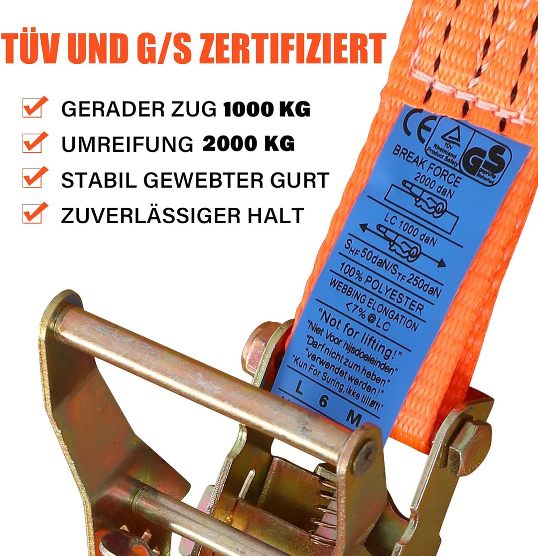 Spanngurte mit Ratsche und Haken 2000kg [4er Set] Ratschengurte 6m - TÜV/GS Geprüft zertifizierte -