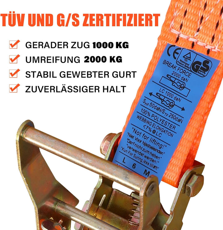 8 x Spannqurte mit Ratsche in 6m / 5m / 4m - 2000kg 38mm Spannqurt Zweiteilig - Orange Zurrgrte mit