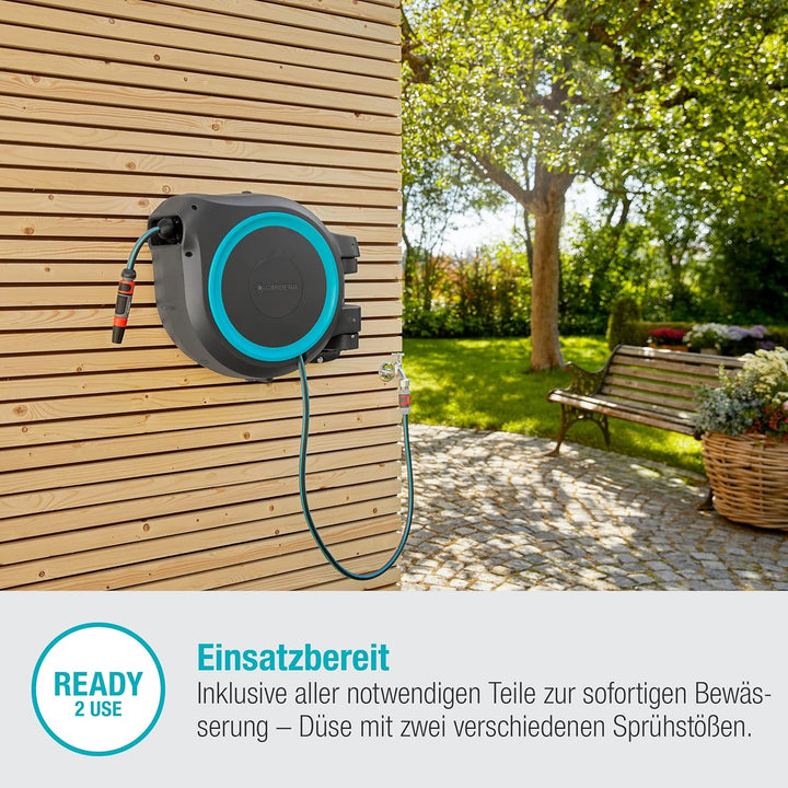 Gardena Wand-Schlauchbox RollUp XL (türkis) 35 m: flexible Bewässerung für grosse Gärten, Schwenkbar