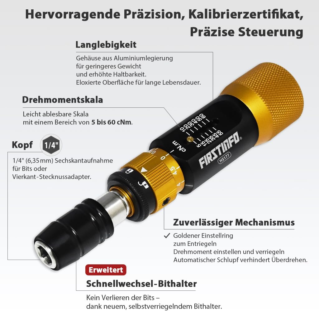 FIRSTINFO H5177 | 1/4 Zoll | 5-60cNm | Drehmomentschraubendreher | mit Rapidaptor Schnellwechselfutt