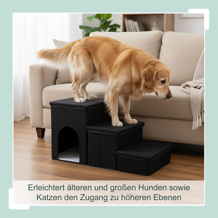Relaxdays Hundetreppe, 3 Stufen, Höhle & Stauraum, HxBxT: 43 x 75 x 33 cm, faltbar, Hunderampe Bett