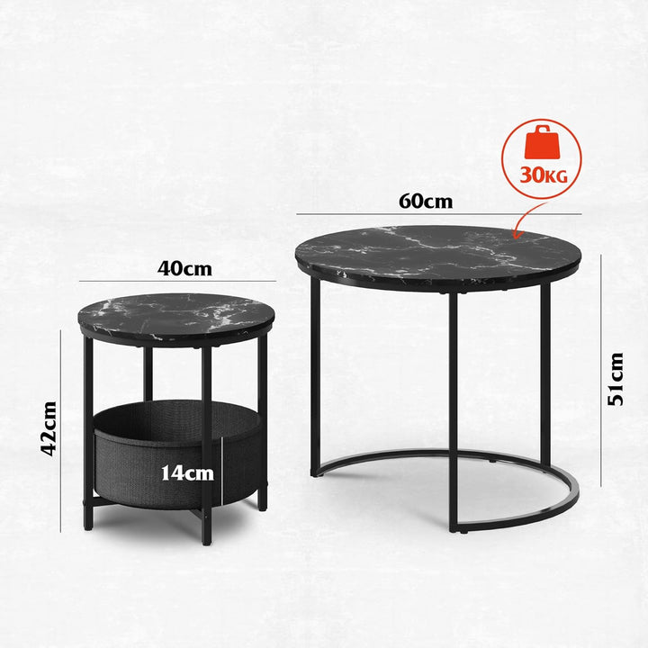 WLIVE Couchtisch Rund mit Stauraum, Beistelltisch Set Schwarz mit Metallrahmen, Wohnzimmertisch klei
