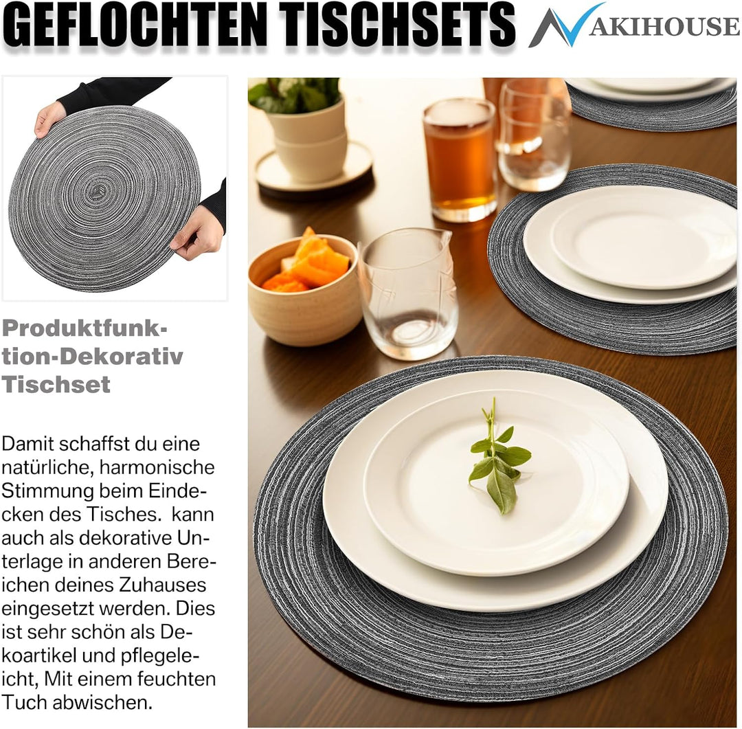 Platzsets Rund Grau Geflochten Tischsets 12er Set Hitzebeständigem Tisch Tischsets Waschbar für Küch