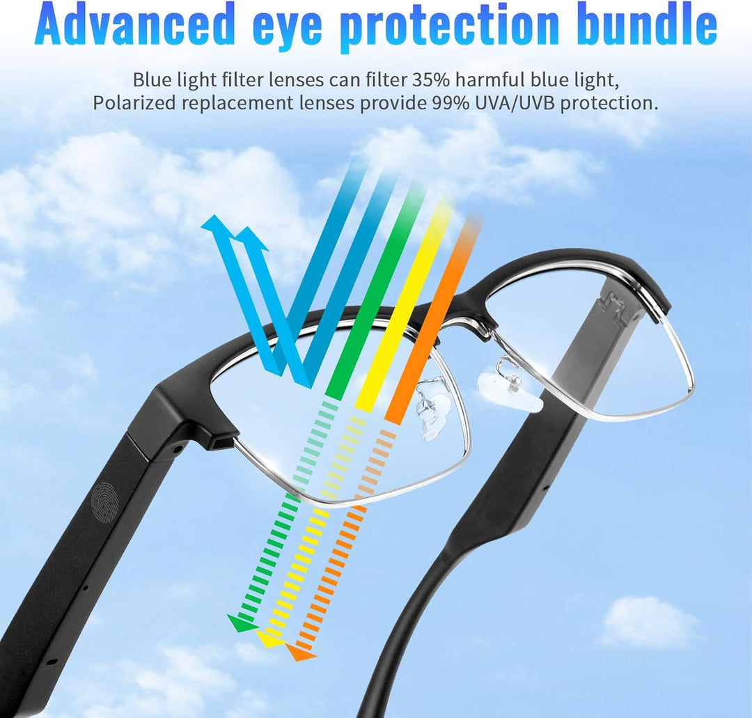 Bluetooth Smart Audio Brille, Alexa Sprachassistent Steuerung mit offenem Ohr Sound Blaulicht Sonnen