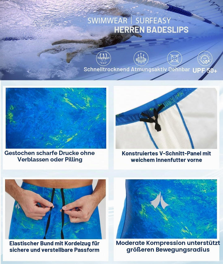 Herren Jammer Badehose Schnelltrocknende Schwimmhose mit V-Schnitt Training Wettkampf Badeanzug Blau