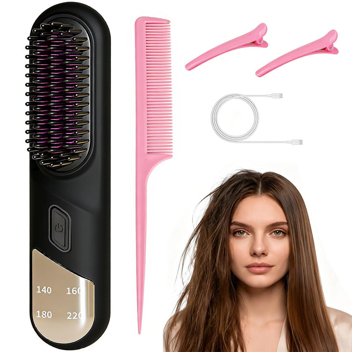 Glättbürste Kabellos, Haarbürste Elektrisch für Locken und Glätten, Tragbare Haarglätter Bürste, Wie