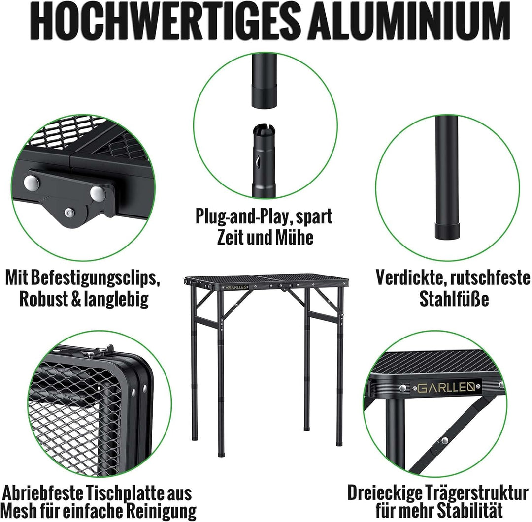 GARLLEN Grilltisch klappbar, 58x40cm & 3 Höhenverstellbar(26/48/70cm), Leicht und Tragbar, Klapptisc