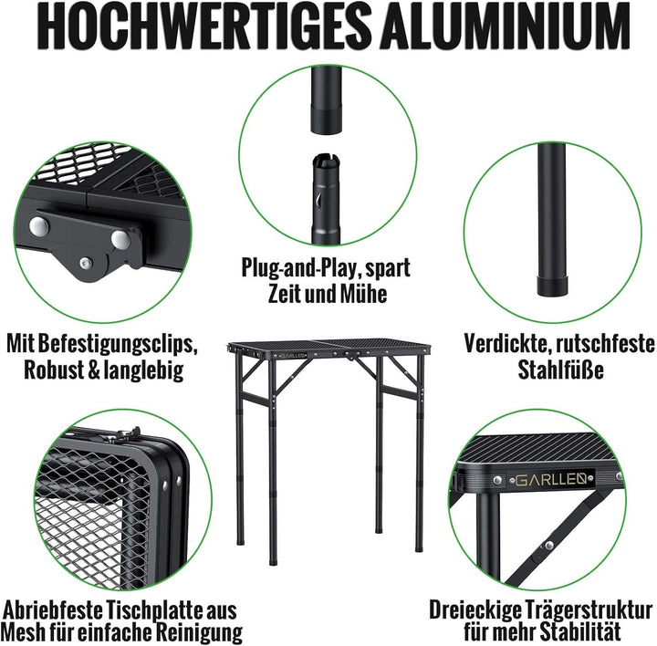 GARLLEN Grilltisch klappbar, 58x40cm & 3 Höhenverstellbar(26/48/70cm), Leicht und Tragbar, Klapptisc
